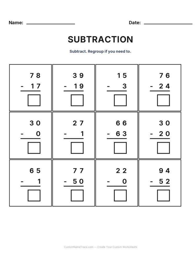 Grade 2 Subtraction No Regrouping worksheet 15 for kids