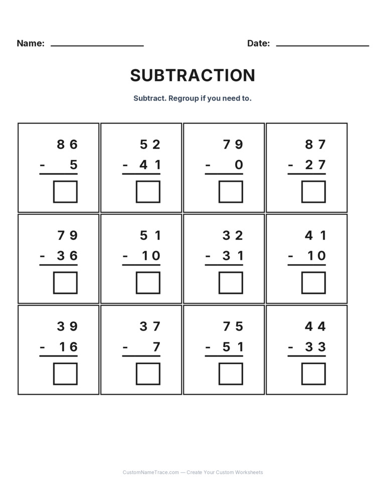 Grade 2 Subtraction No Regrouping worksheet 2 for kids