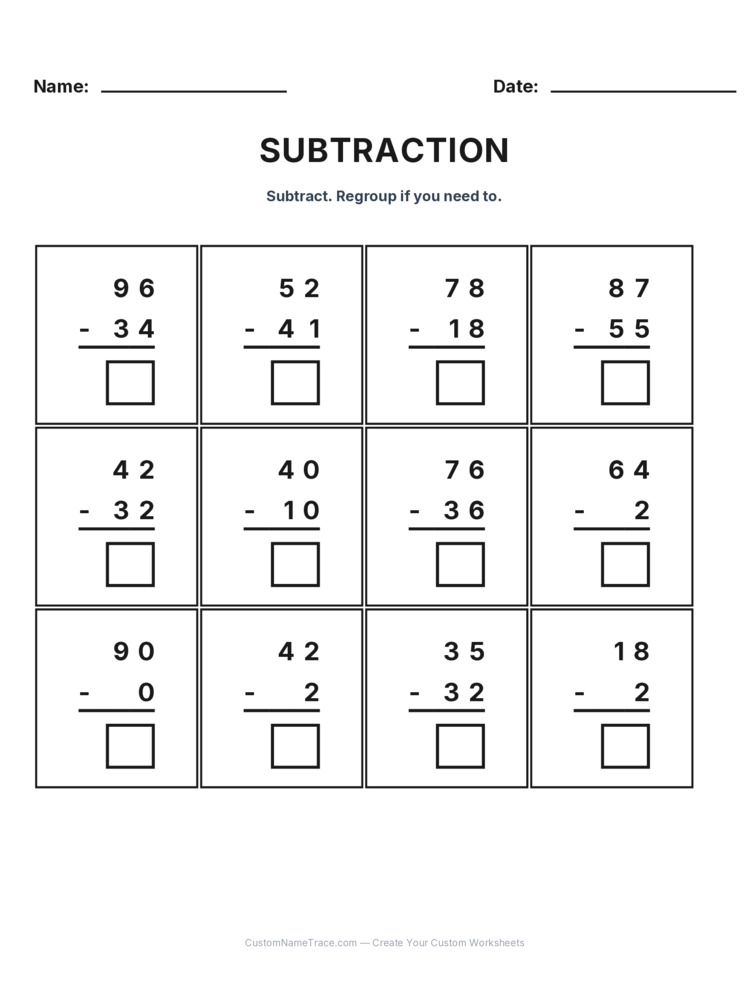 Grade 2 Subtraction No Regrouping worksheet 20 for kids
