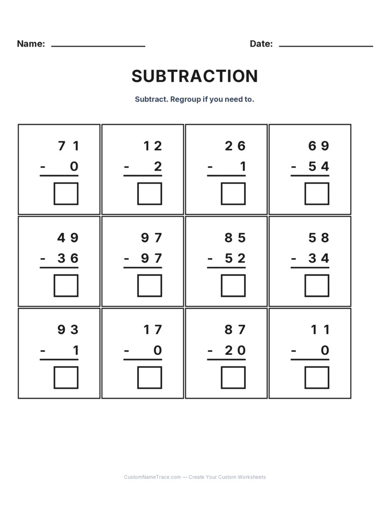 Grade 2 Subtraction No Regrouping worksheet 22 for kids