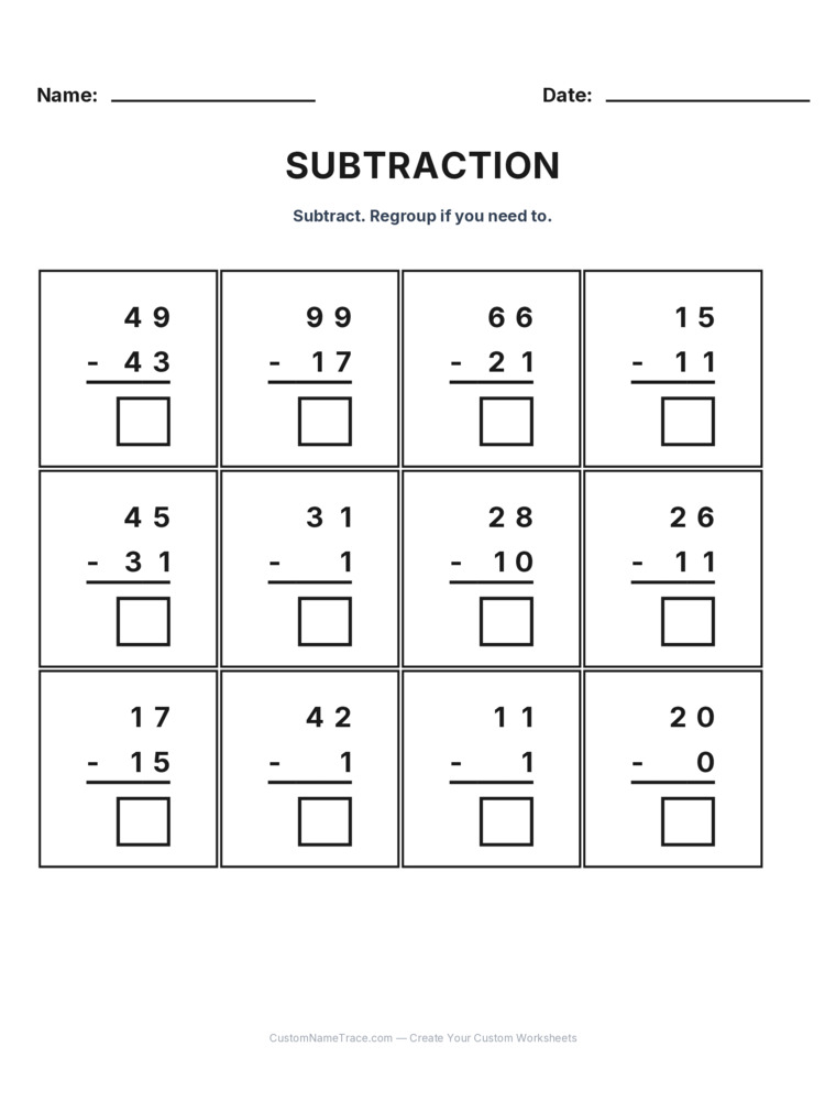 Grade 2 Subtraction No Regrouping worksheet 26 for kids