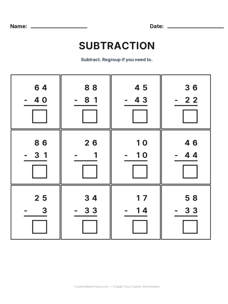 Grade 2 Subtraction No Regrouping worksheet 27 for kids