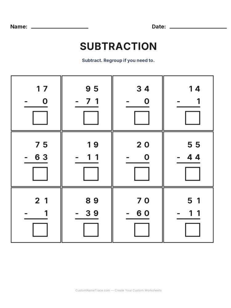 Grade 2 Subtraction No Regrouping worksheet 3 for kids