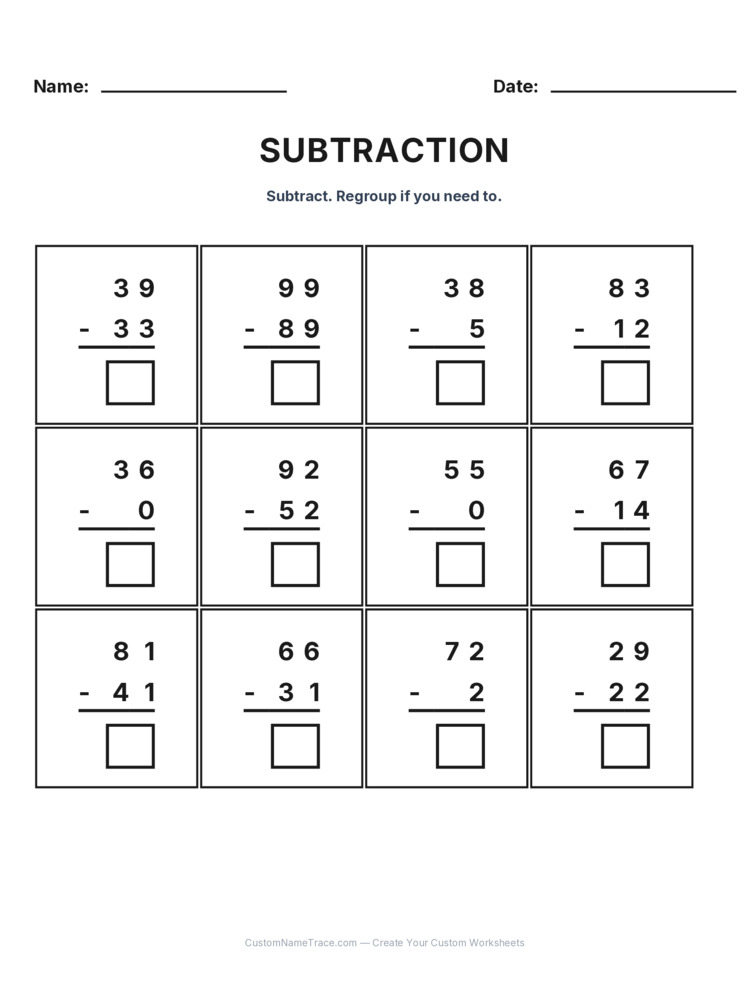 Grade 2 Subtraction No Regrouping worksheet 5 for kids