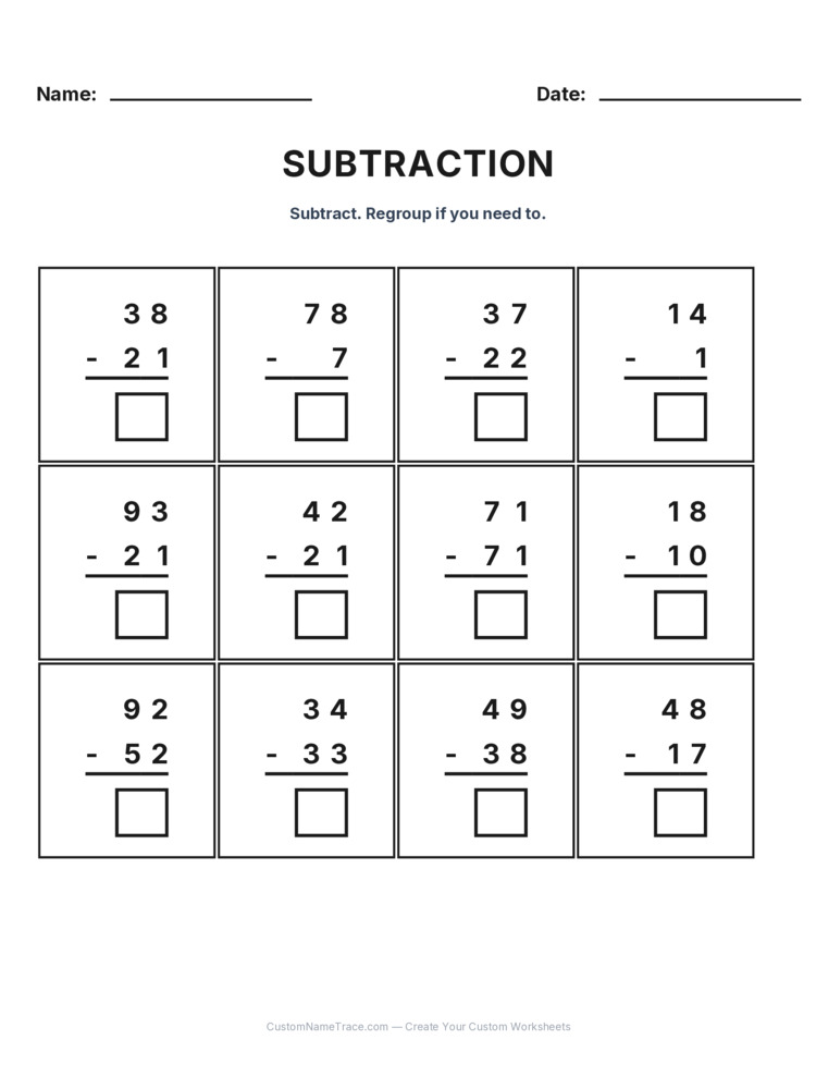Grade 2 Subtraction No Regrouping worksheet 7 for kids