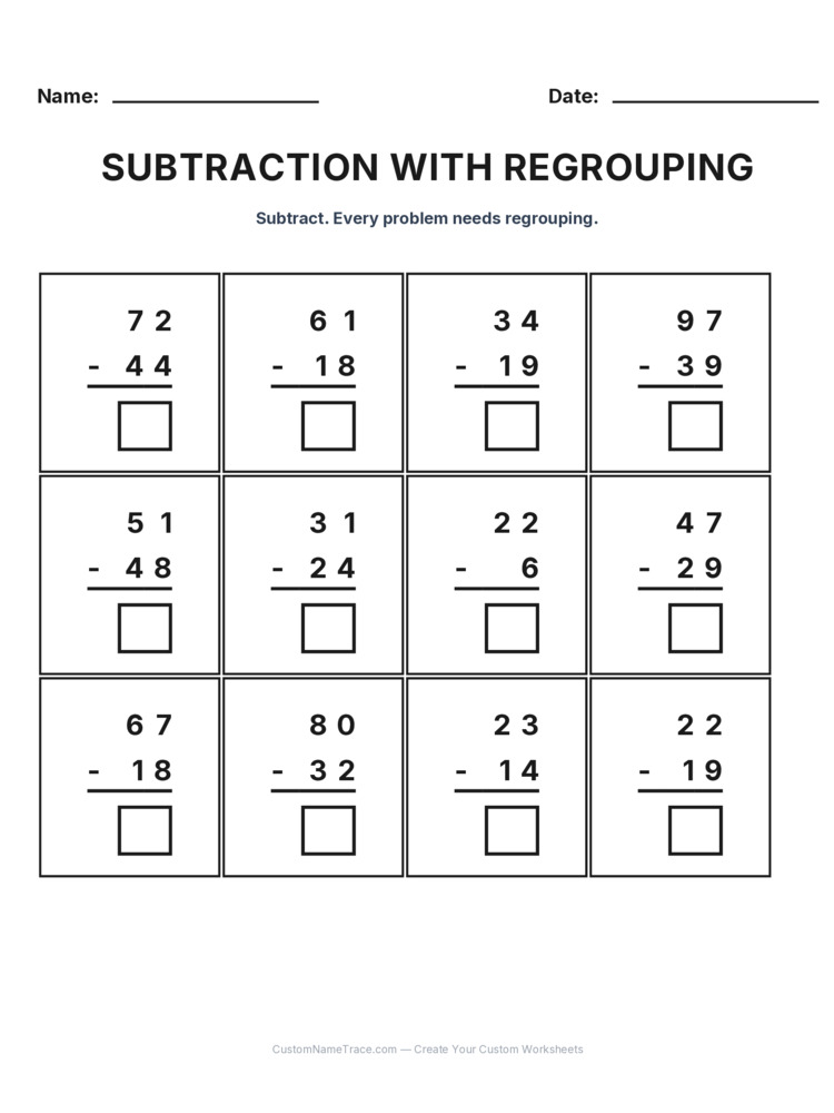 Grade 2 Subtraction Regrouping worksheet 10 for kids