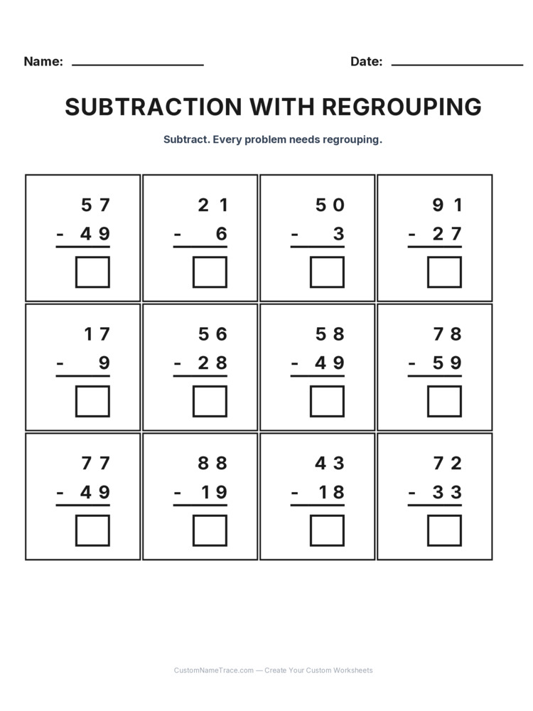 Grade 2 Subtraction Regrouping worksheet 11 for kids