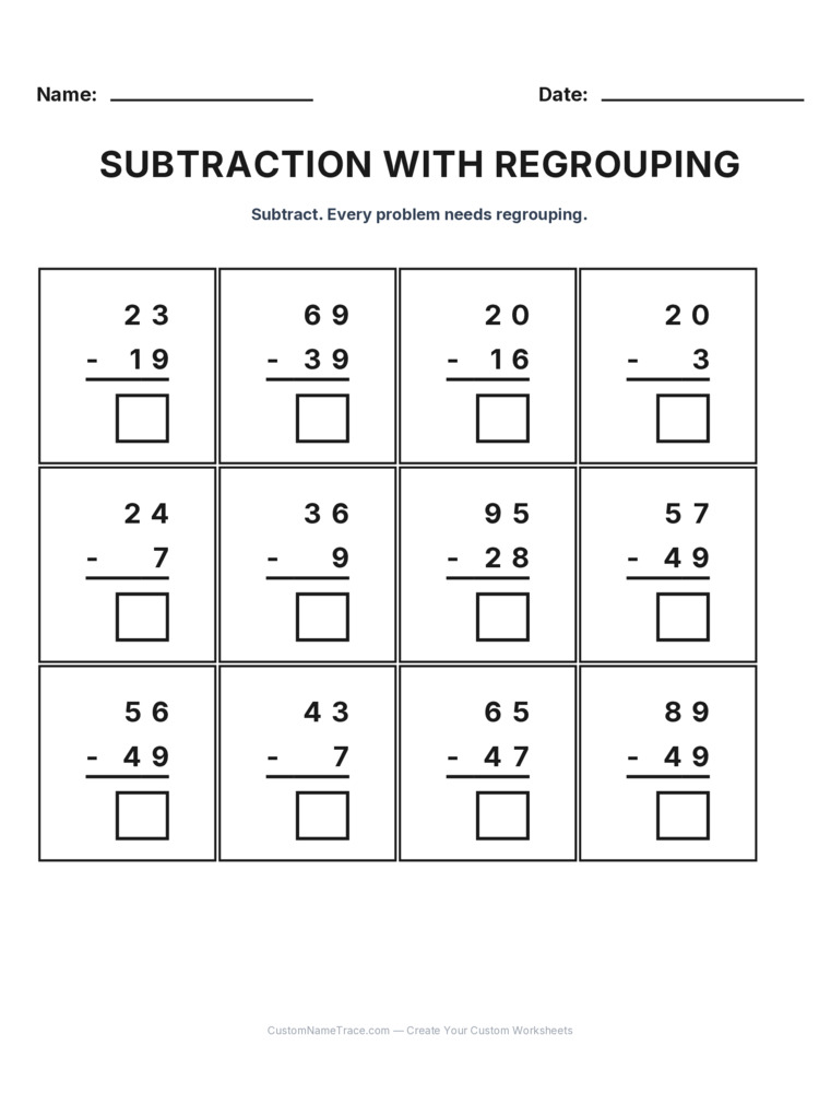 Grade 2 Subtraction Regrouping worksheet 12 for kids