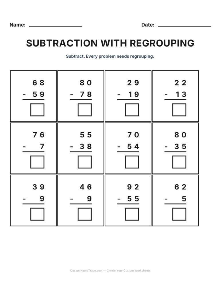 Grade 2 Subtraction Regrouping worksheet 13 for kids