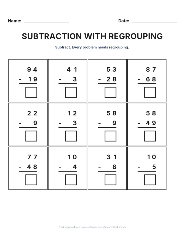 Grade 2 Subtraction Regrouping worksheet 14 for kids