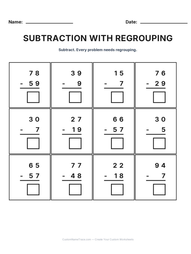 Grade 2 Subtraction Regrouping worksheet 15 for kids