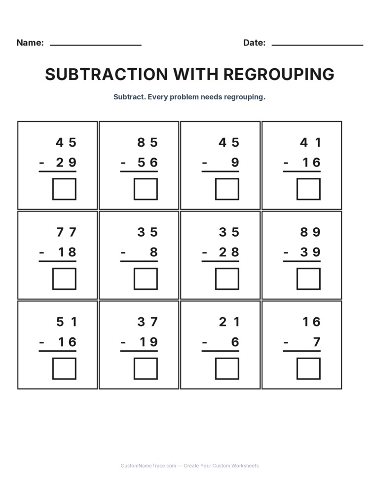 Grade 2 Subtraction Regrouping worksheet 16 for kids