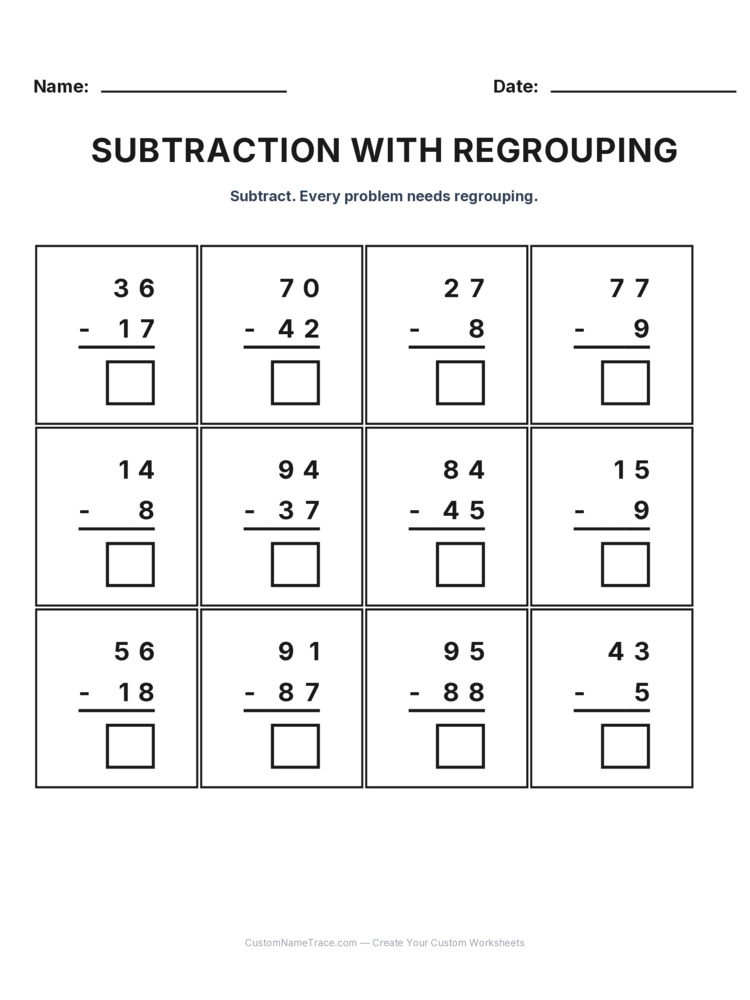 Grade 2 Subtraction Regrouping worksheet 17 for kids