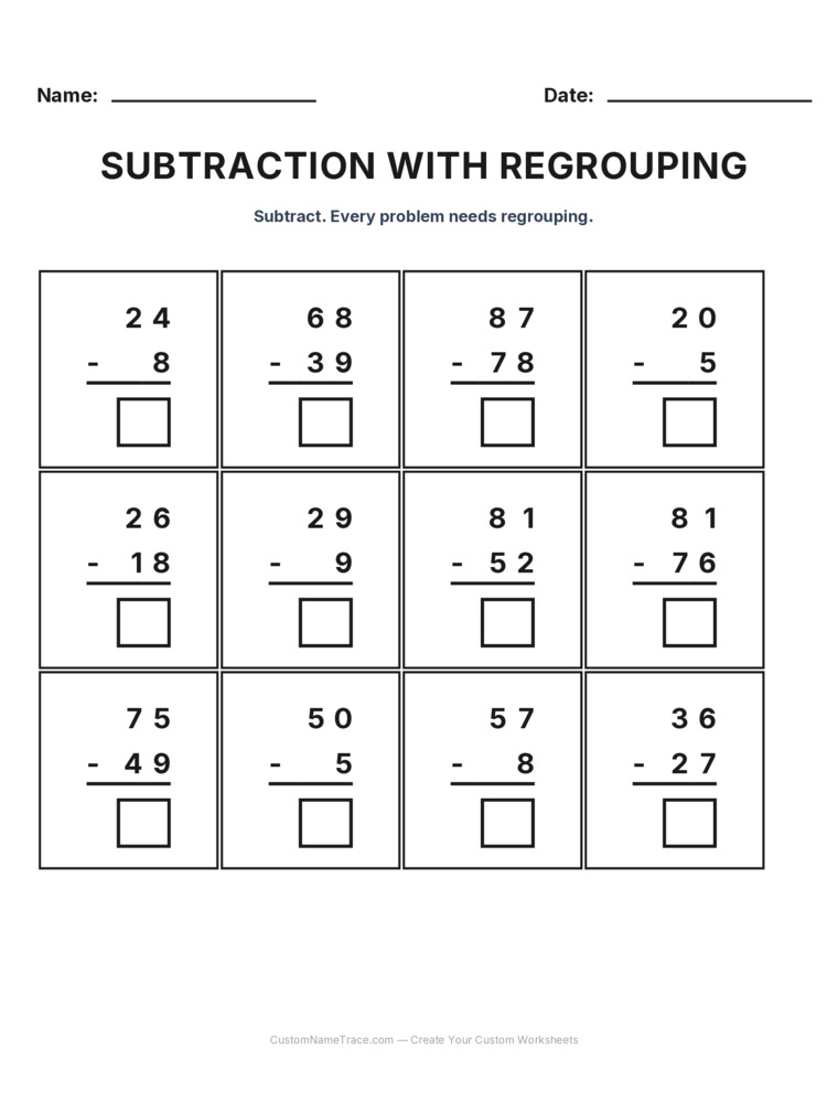 Grade 2 Subtraction Regrouping worksheet 18 for kids