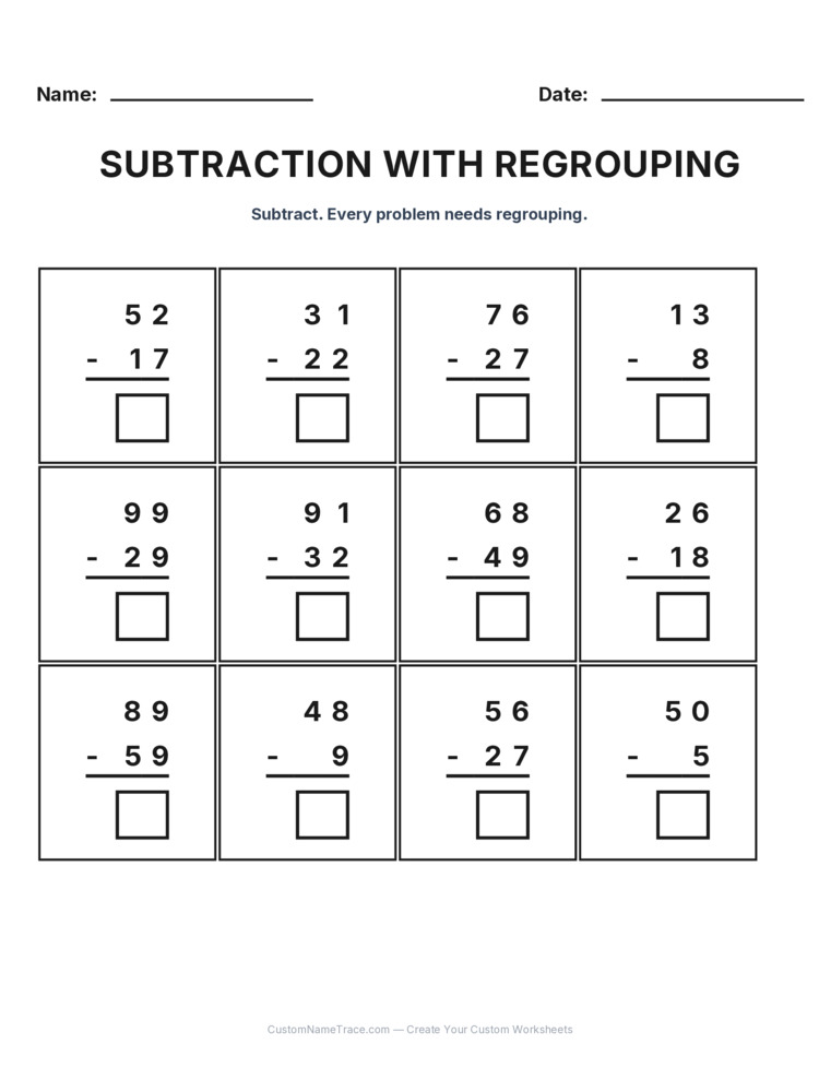 Grade 2 Subtraction Regrouping worksheet 19 for kids