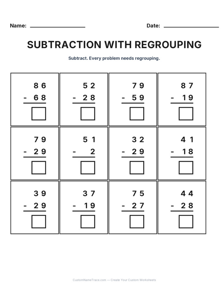 Grade 2 Subtraction Regrouping worksheet 2 for kids