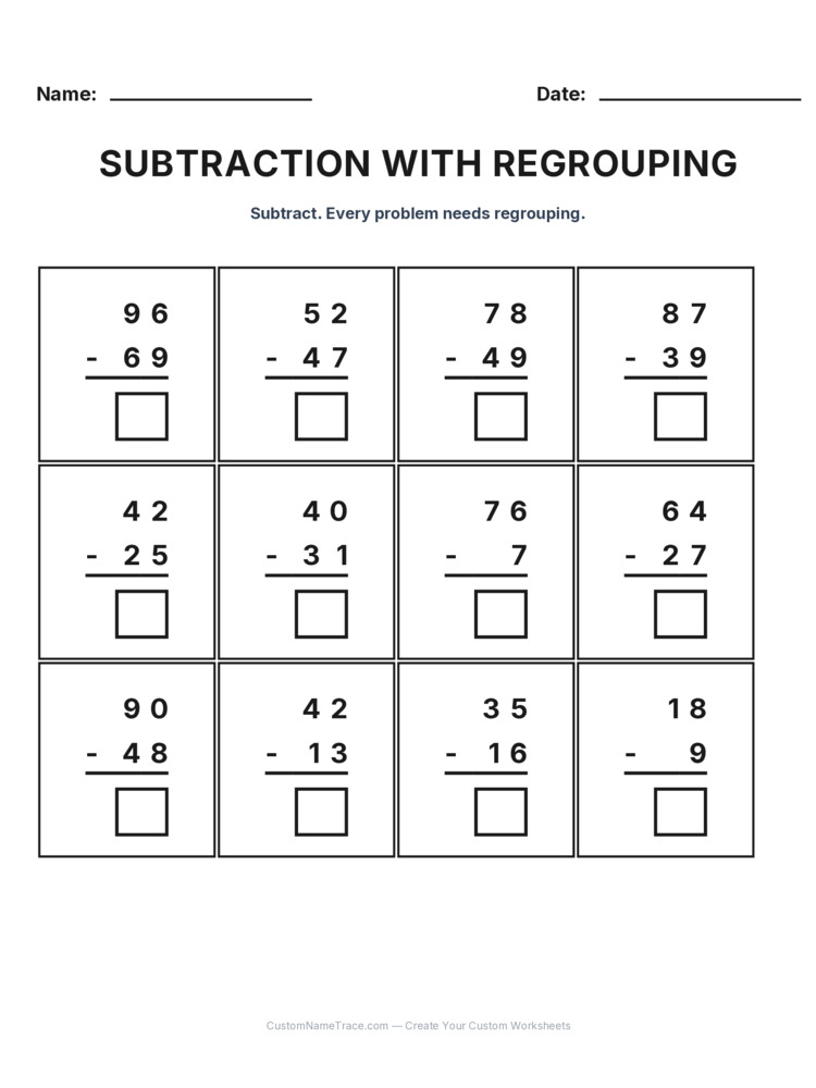 Grade 2 Subtraction Regrouping worksheet 20 for kids
