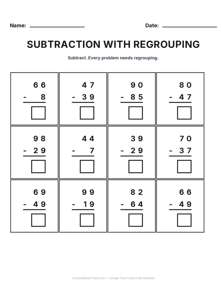 Grade 2 Subtraction Regrouping worksheet 21 for kids