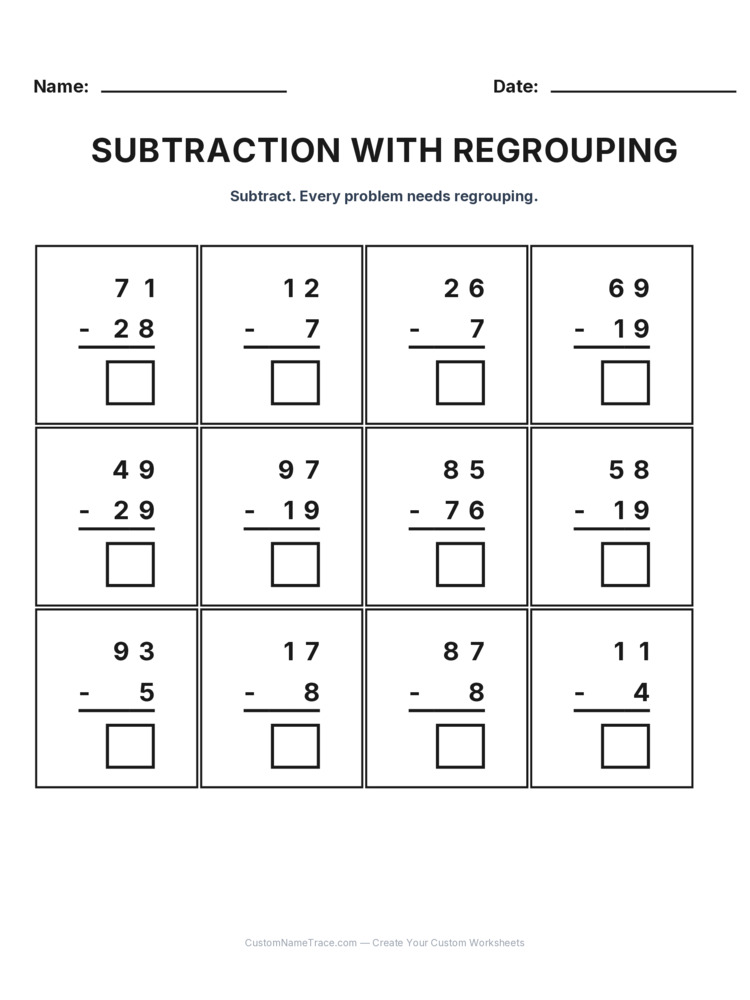 Grade 2 Subtraction Regrouping worksheet 22 for kids