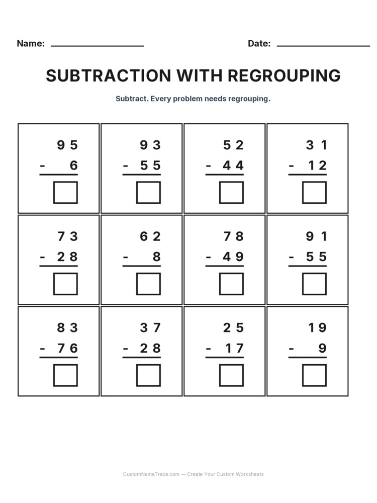 Grade 2 Subtraction Regrouping worksheet 23 for kids