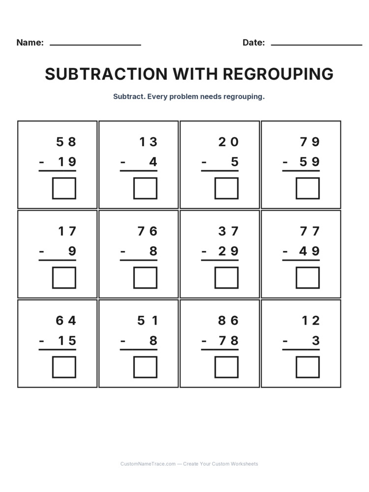 Grade 2 Subtraction Regrouping worksheet 24 for kids