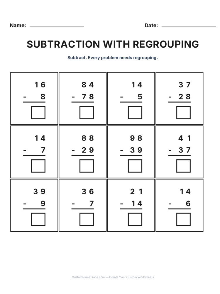 Grade 2 Subtraction Regrouping worksheet 25 for kids