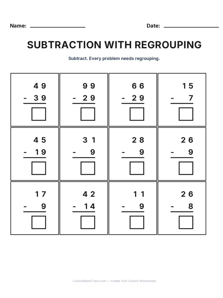 Grade 2 Subtraction Regrouping worksheet 26 for kids