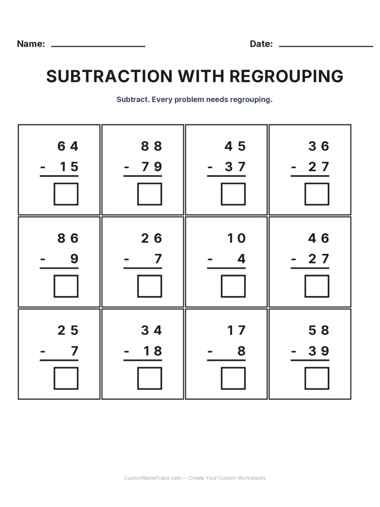 Grade 2 Subtraction Regrouping worksheet 27 for kids