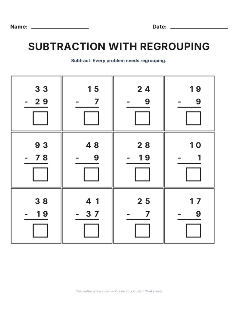 Grade 2 Subtraction Regrouping worksheet 28 for kids