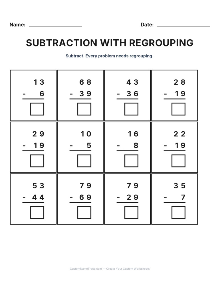 Grade 2 Subtraction Regrouping worksheet 29 for kids