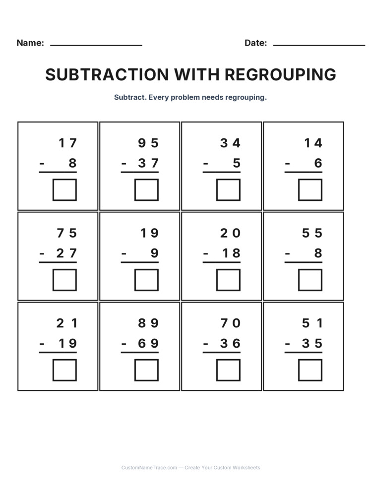 Grade 2 Subtraction Regrouping worksheet 3 for kids