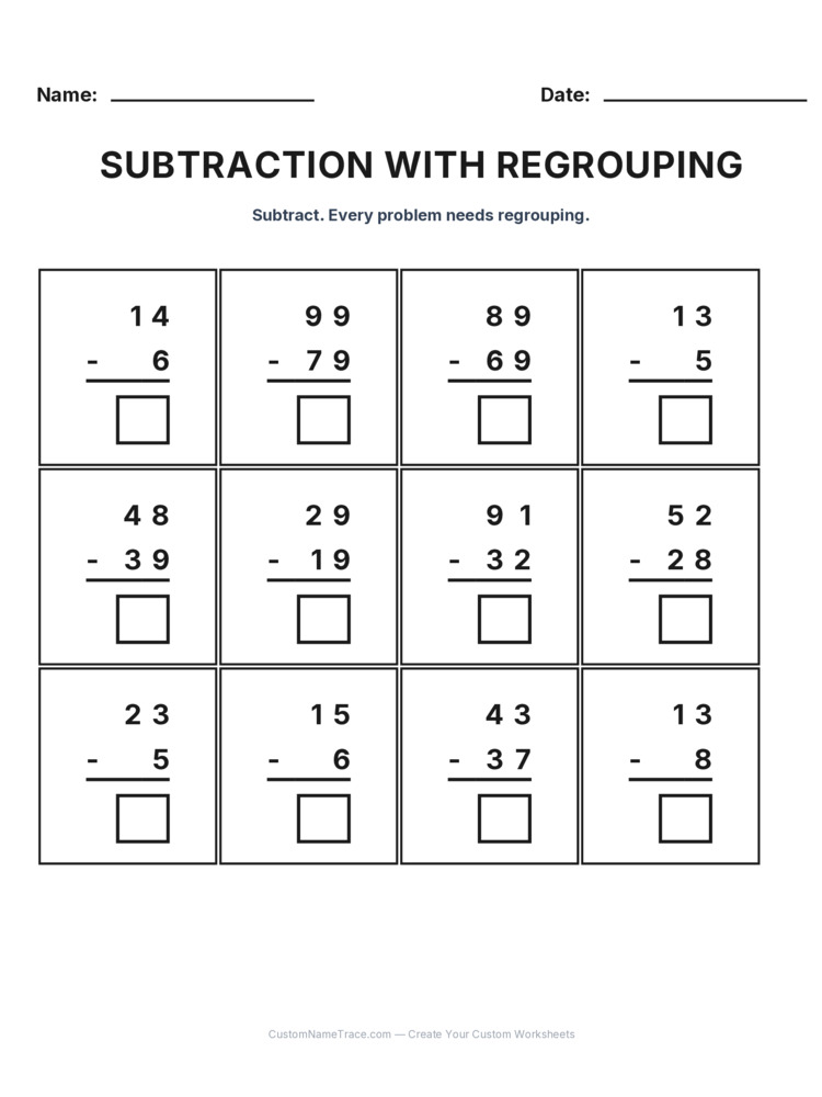 Grade 2 Subtraction Regrouping worksheet 30 for kids