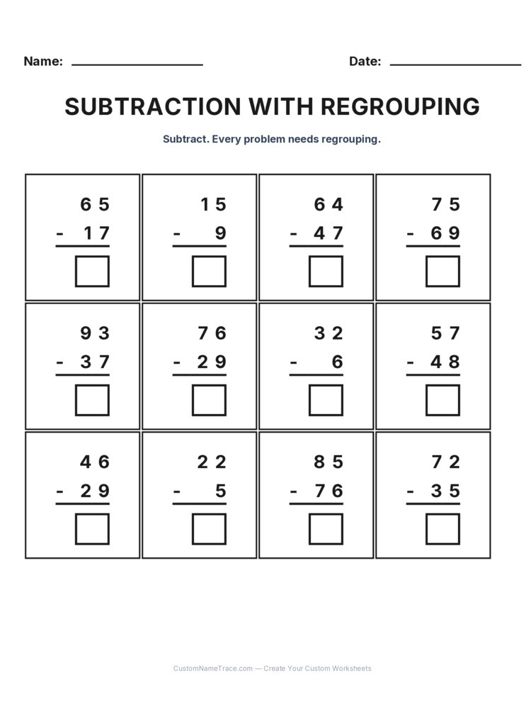 Grade 2 Subtraction Regrouping worksheet 4 for kids
