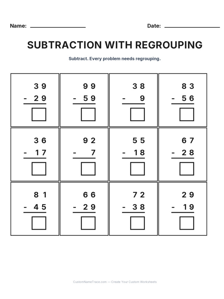 Grade 2 Subtraction Regrouping worksheet 5 for kids