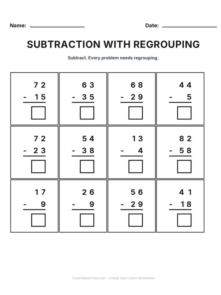 Grade 2 Subtraction Regrouping worksheet 6 for kids