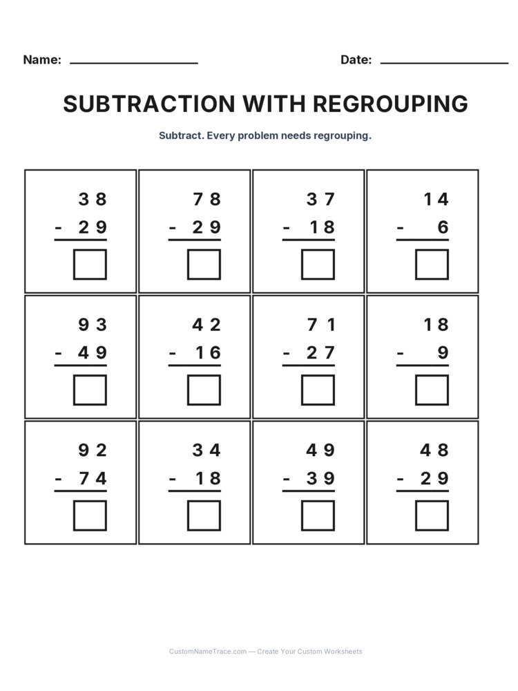 Grade 2 Subtraction Regrouping worksheet 7 for kids