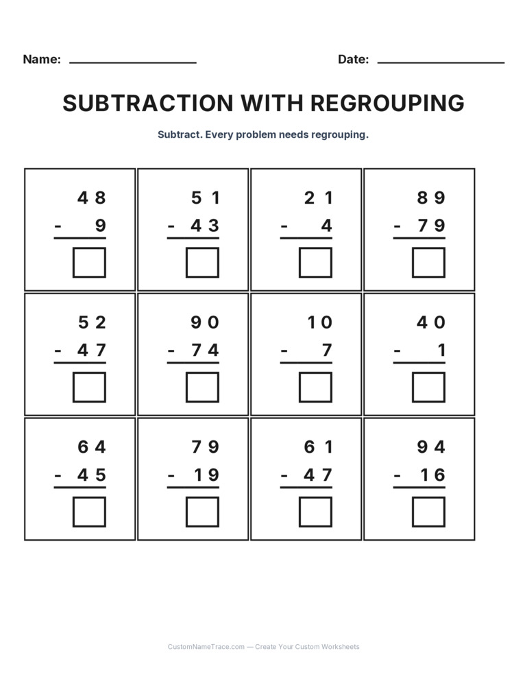 Grade 2 Subtraction Regrouping worksheet 8 for kids