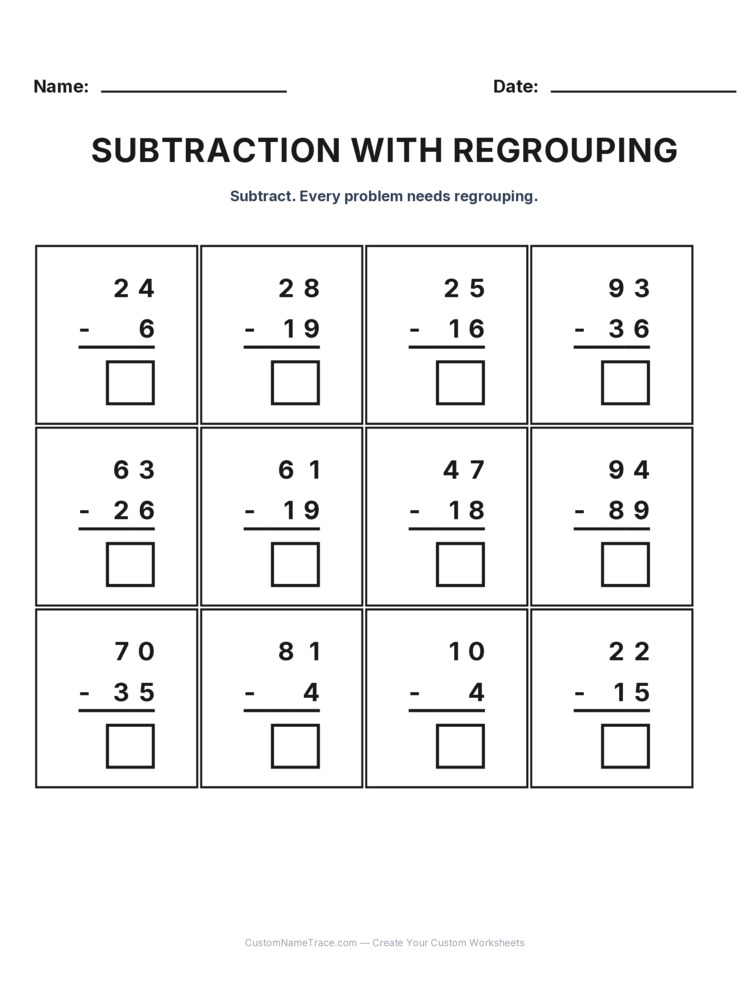 Grade 2 Subtraction Regrouping worksheet 9 for kids