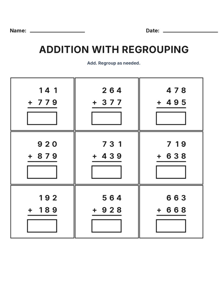 Grade 3 Addition Regrouping worksheet 10 for kids
