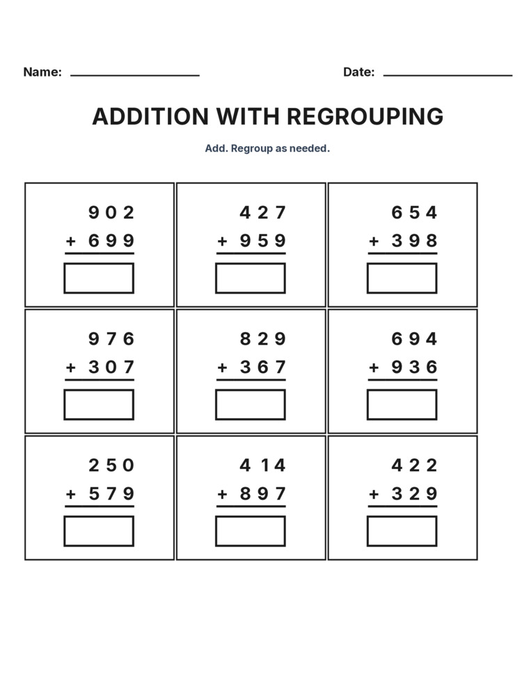 Grade 3 Addition Regrouping worksheet 11 for kids
