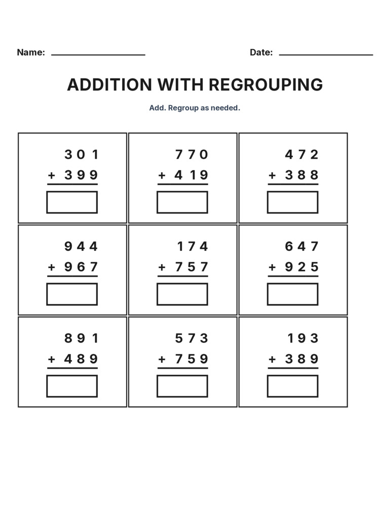 Grade 3 Addition Regrouping worksheet 12 for kids