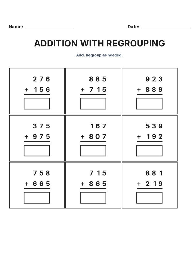 Grade 3 Addition Regrouping worksheet 13 for kids