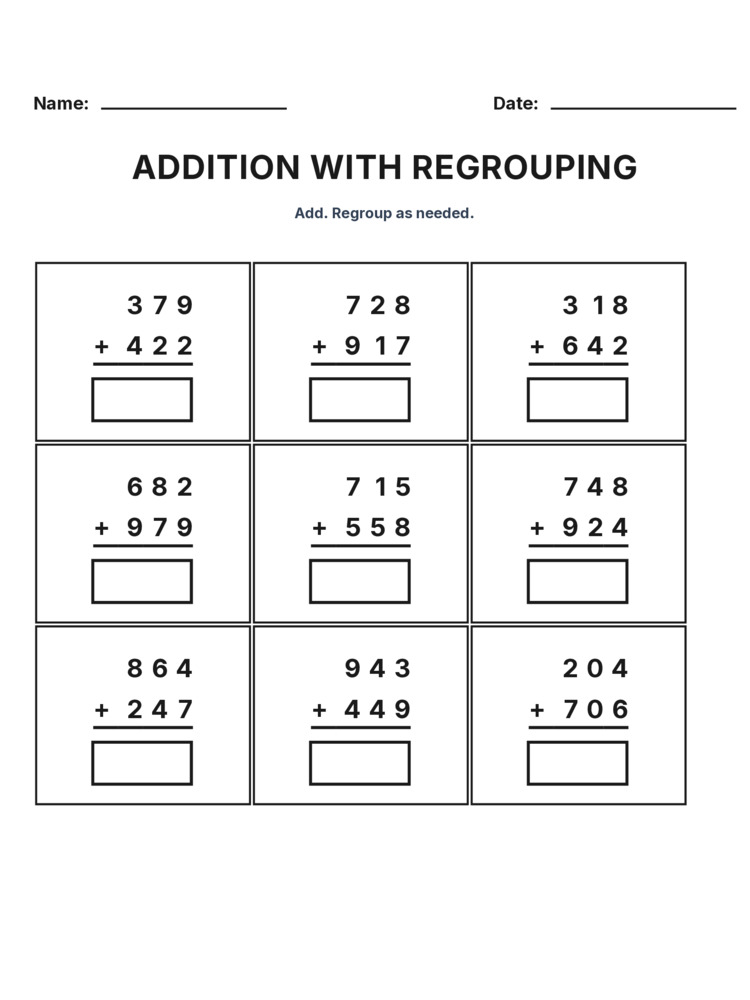 Grade 3 Addition Regrouping worksheet 14 for kids