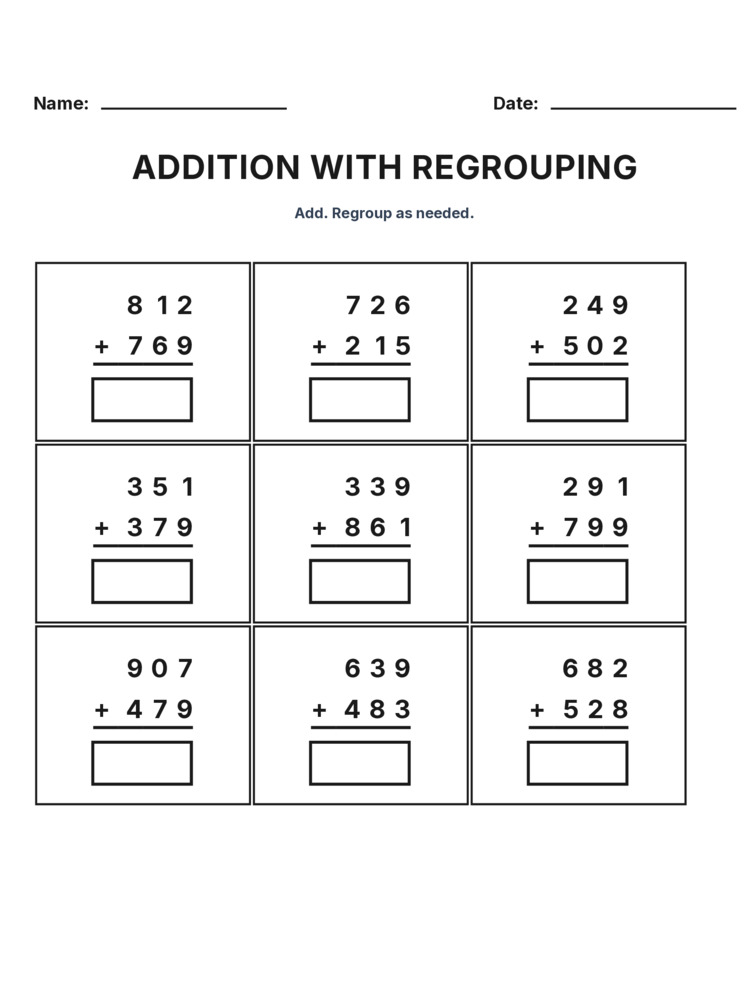 Grade 3 Addition Regrouping worksheet 15 for kids