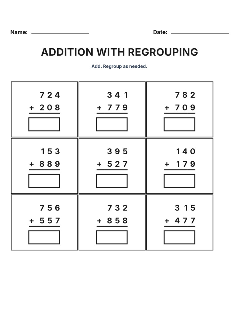 Grade 3 Addition Regrouping worksheet 16 for kids
