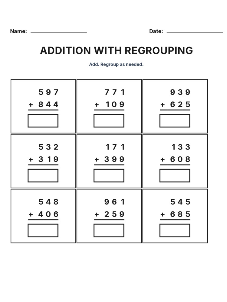 Grade 3 Addition Regrouping worksheet 17 for kids