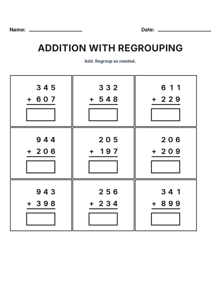 Grade 3 Addition Regrouping worksheet 18 for kids