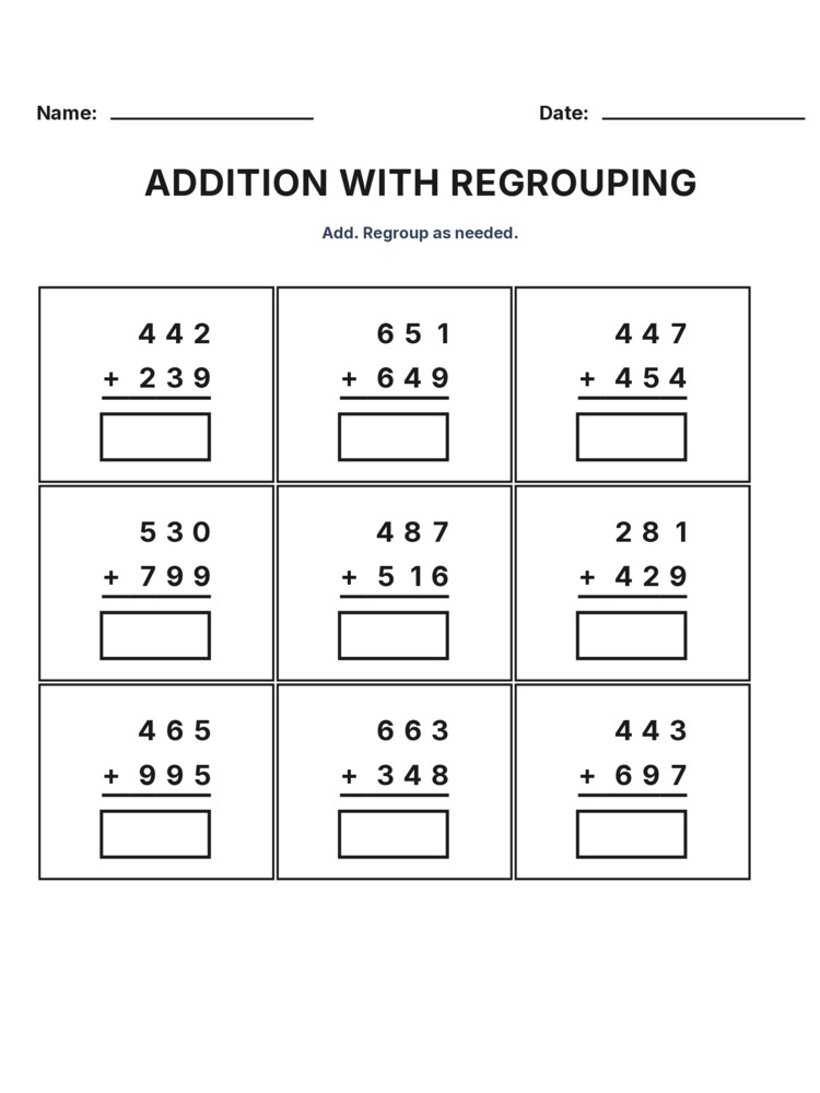 Grade 3 Addition Regrouping worksheet 19 for kids