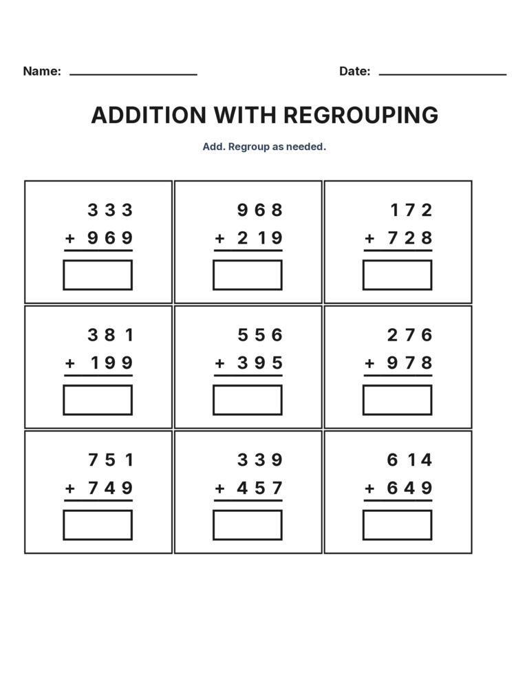 Grade 3 Addition Regrouping worksheet 2 for kids