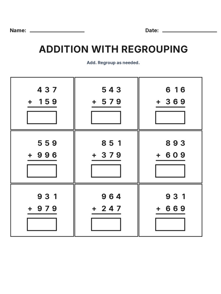 Grade 3 Addition Regrouping worksheet 20 for kids